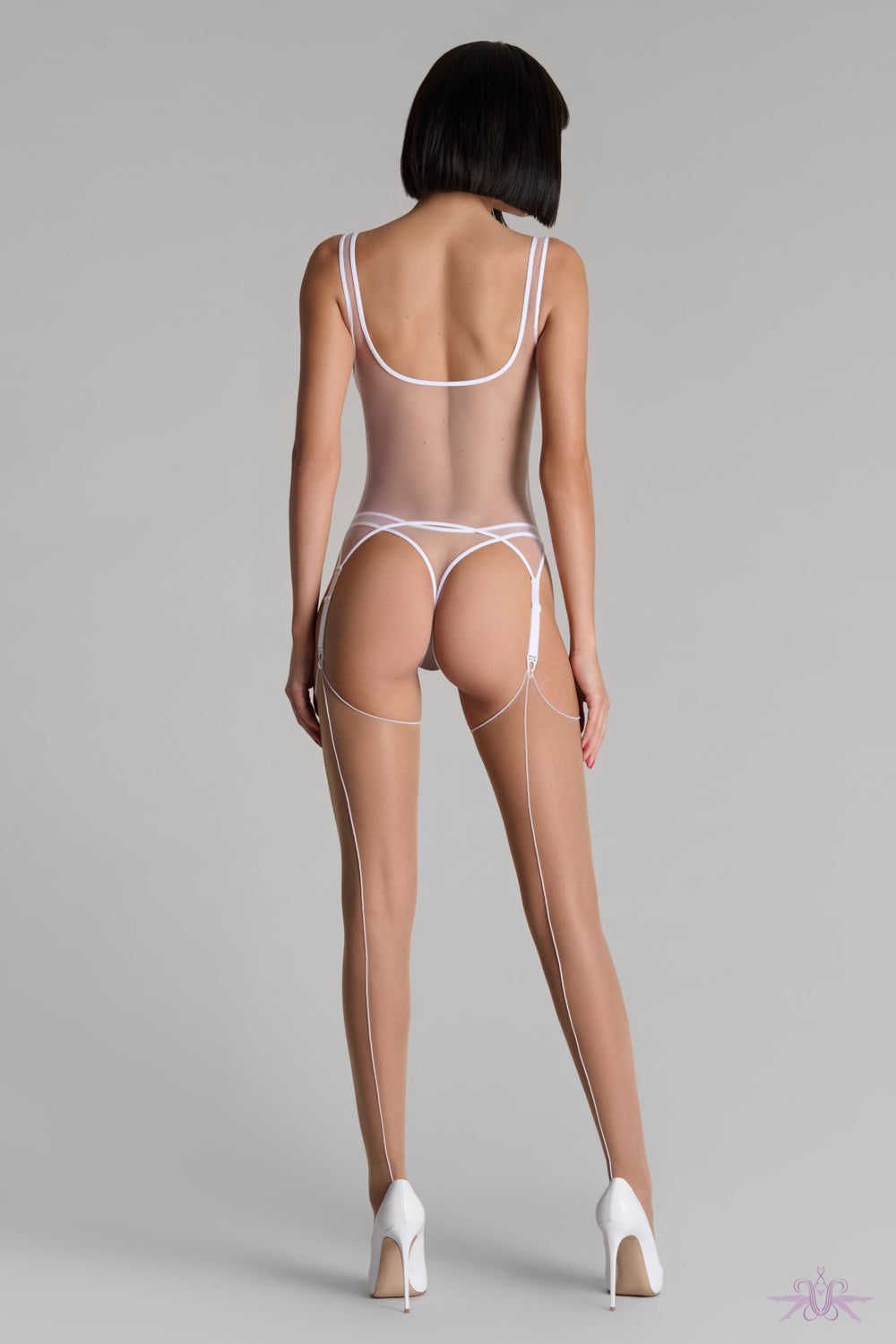 Maison Close Pure Tentation White Strappy Bodysuit with Suspenders