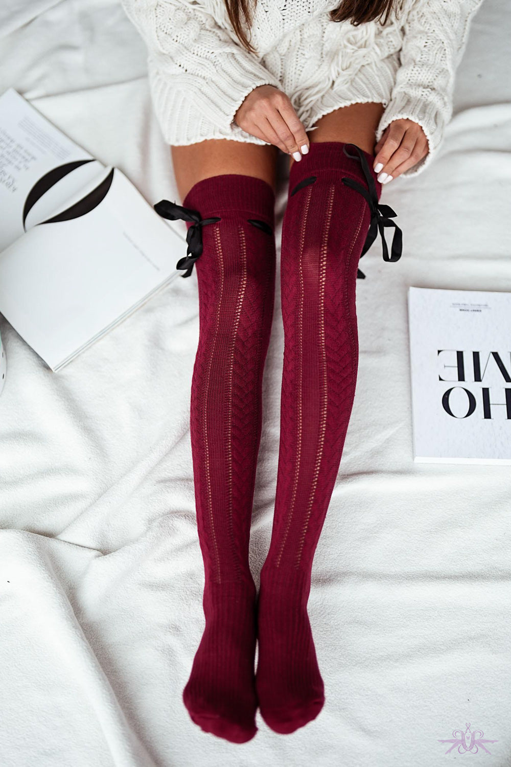 Marilyn Openwork Overknees With Ribbon