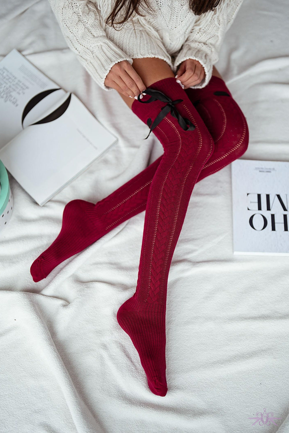 Marilyn Openwork Overknees With Ribbon