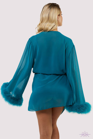 Bettie Page Feather Trim Teal Robe