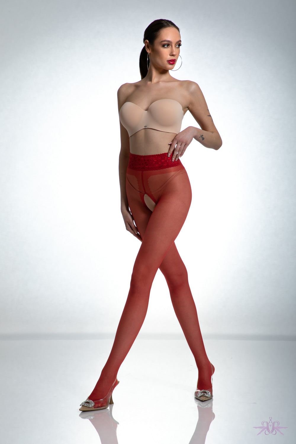 Amour Red Lace Crotchless Tights