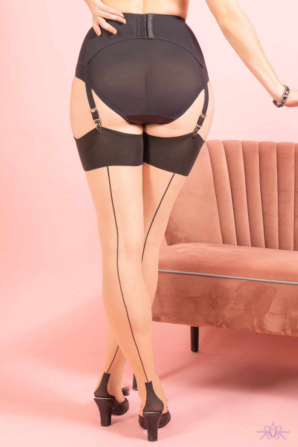 What Katie Did Contrast Champagne/Black Cuban Heel Seamed Stockings