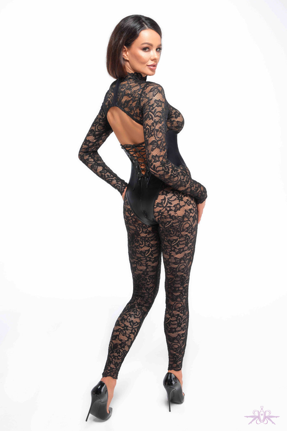 Noir Handmade Enigma Lace Catsuit with Corset