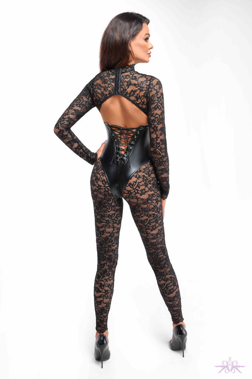 Noir Handmade Enigma Lace Catsuit with Corset