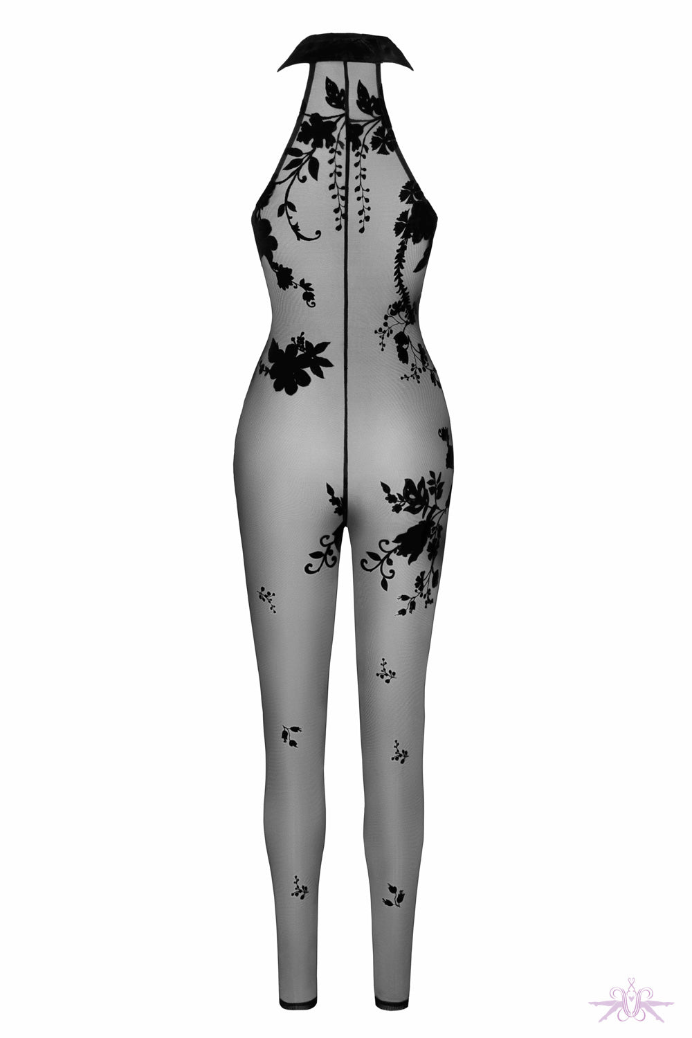 Noir Handmade Flocked Mesh Halter Catsuit