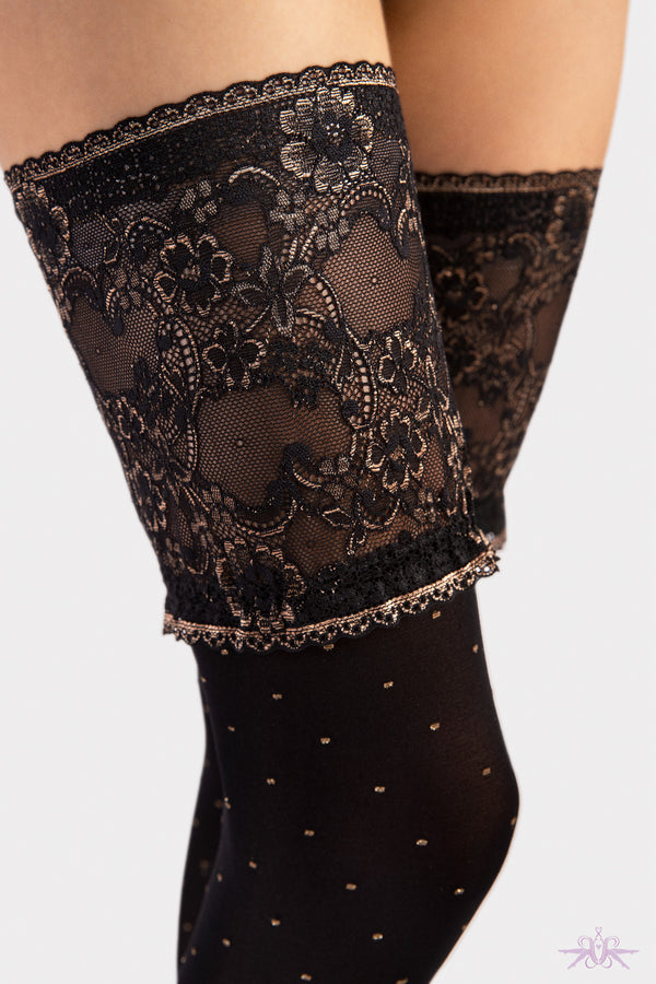 thumbnail image 2 of Fiore Melita Patterned Hold-Up Stockings – Thigh High, Sheer With Backseam, Sand, Made In Poland 2 of 5