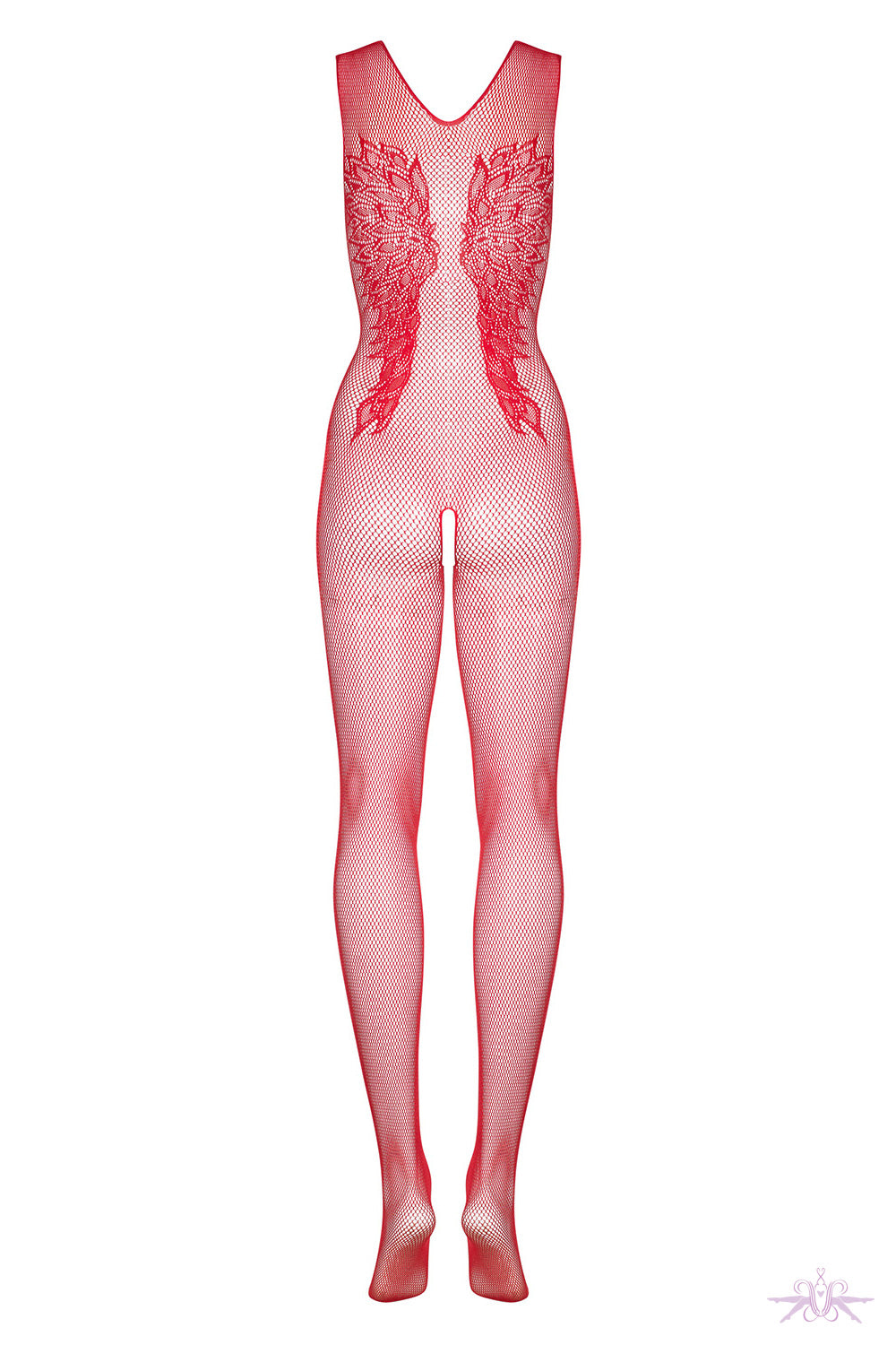 Obsessive Wing Motif Fishnet Red Bodystocking