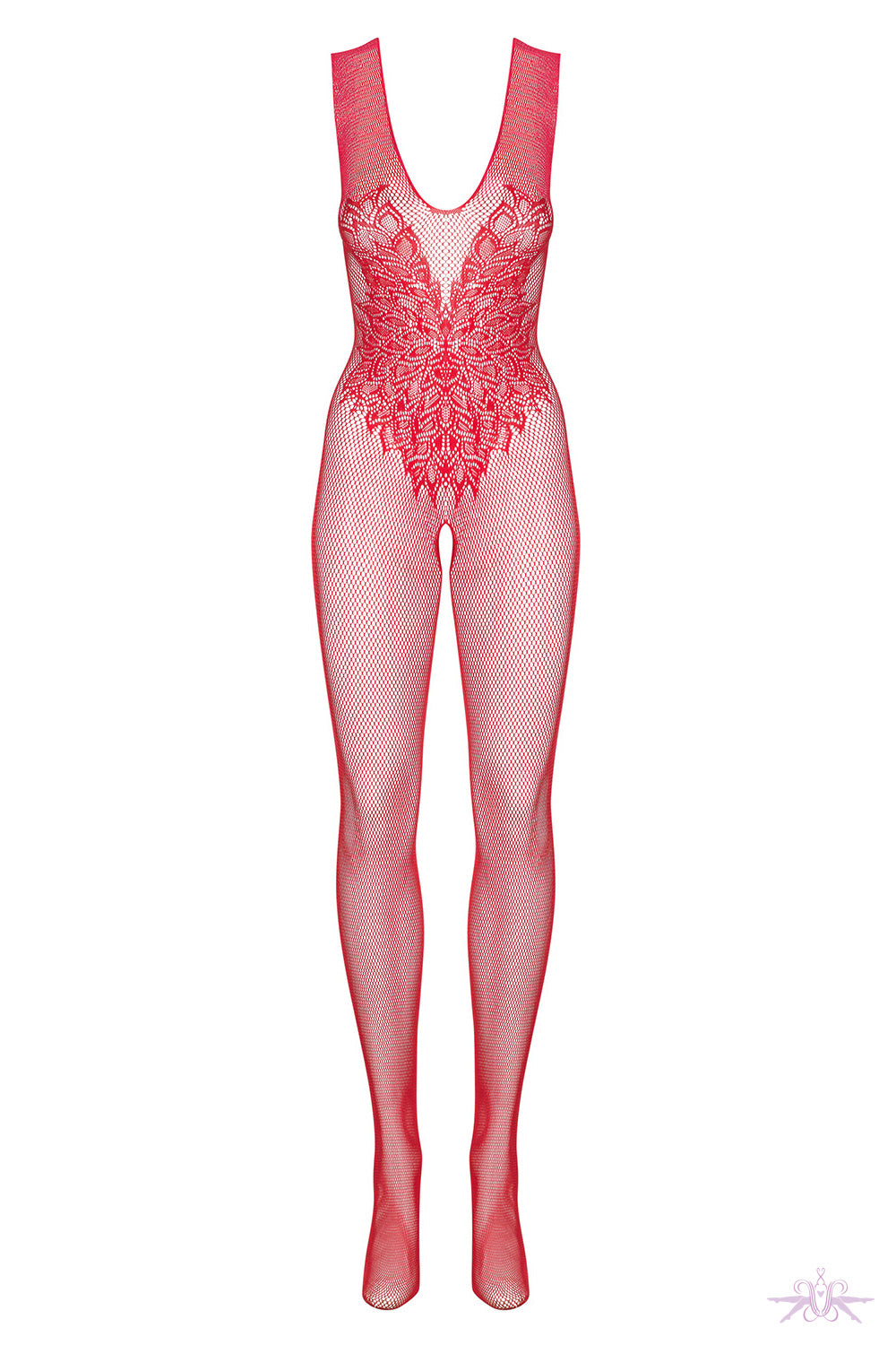 Obsessive Wing Motif Fishnet Red Bodystocking