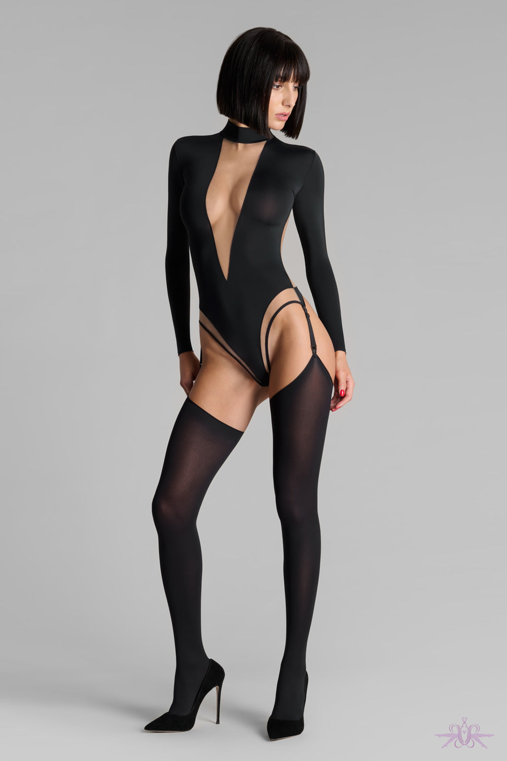 Maison Close Pure Tentation Black/Nude Long Sleeve V-Neck Thong Bodysuit