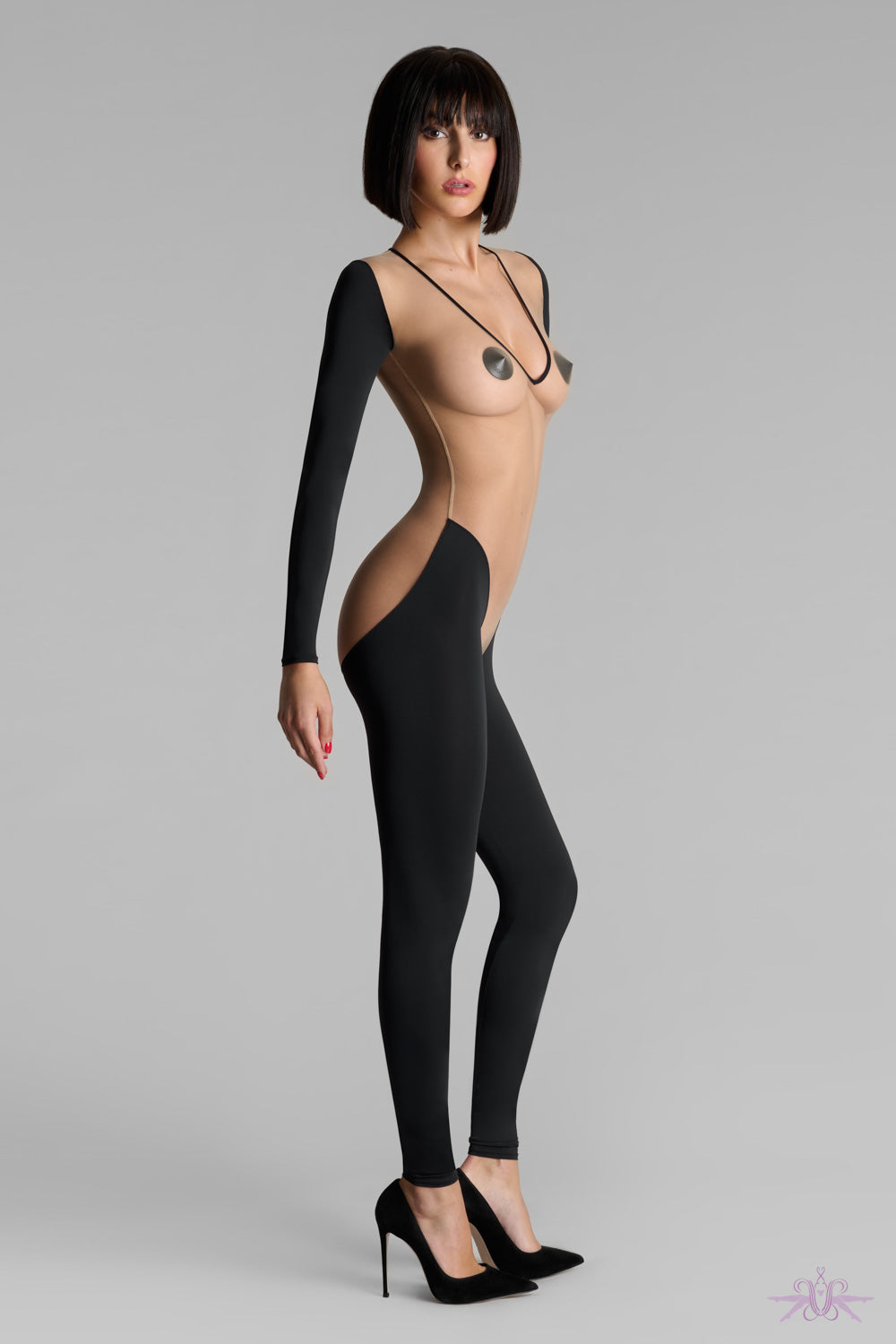Maison Close Pure Tentation Black/Nude Long Sleeved Backless Catsuit