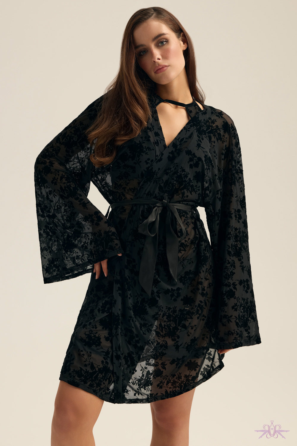 Esotiq Black Floral Velvet Dressing Gown