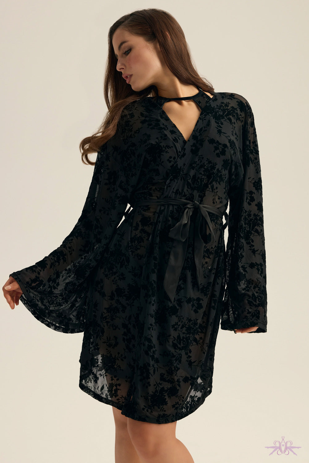 Esotiq Black Floral Velvet Dressing Gown