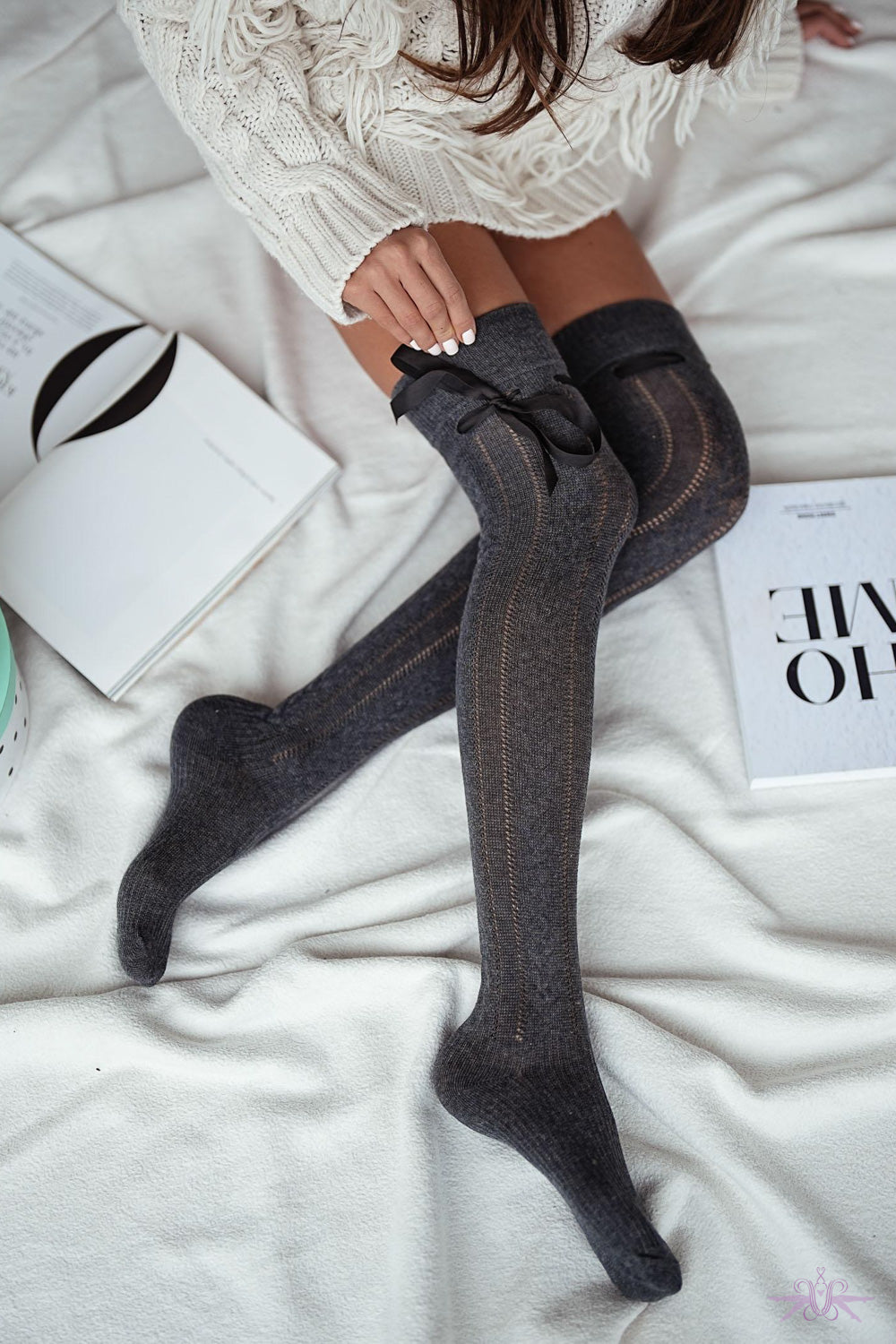 Marilyn Openwork Overknees With Ribbon