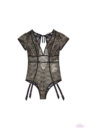 Playful Promises Gold Foil Lace Bodysuit with Suspenders - Mayfair Stockings