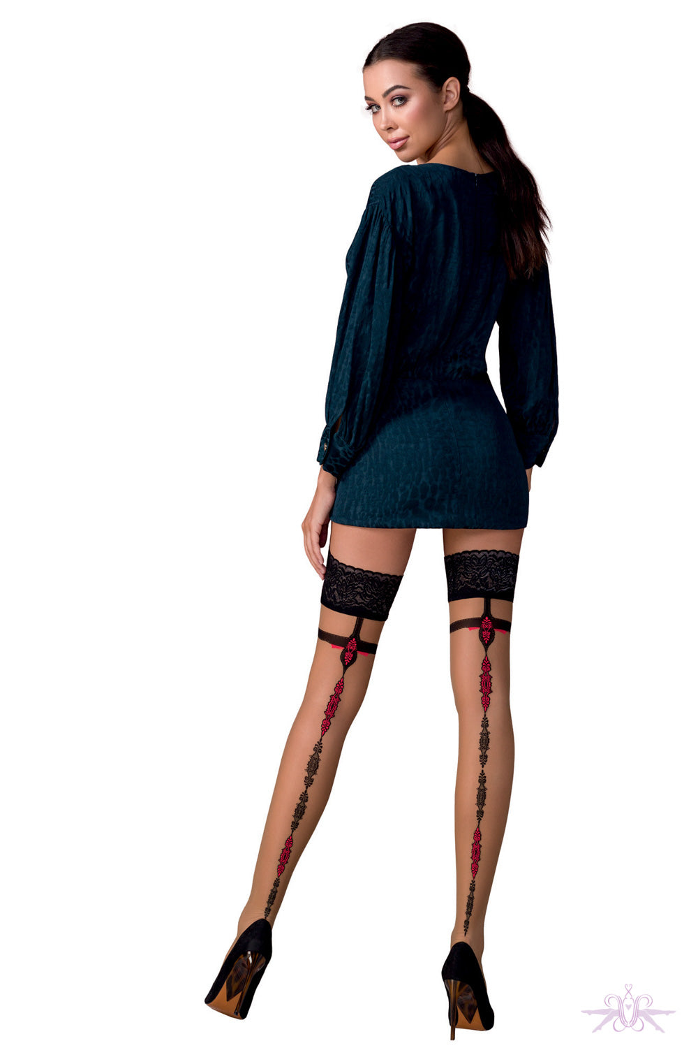 Passion Beige/Black Sheer Seamed Hold Ups