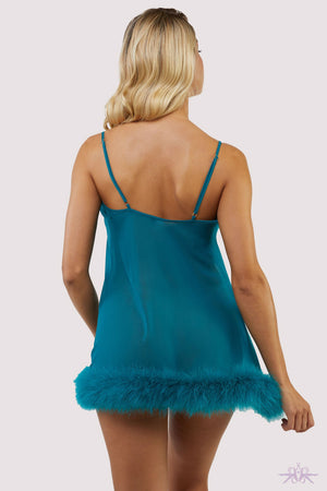 Bettie Page Feather Trim Teal Babydoll
