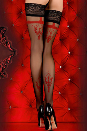 Ballerina Faux Suspender Floral Black/Red Hold Ups - Mayfair Stockings